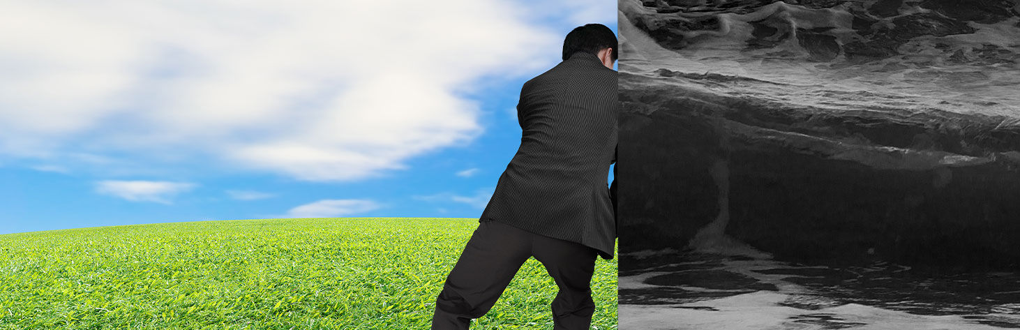 A man in a green field pushing away a gray picture